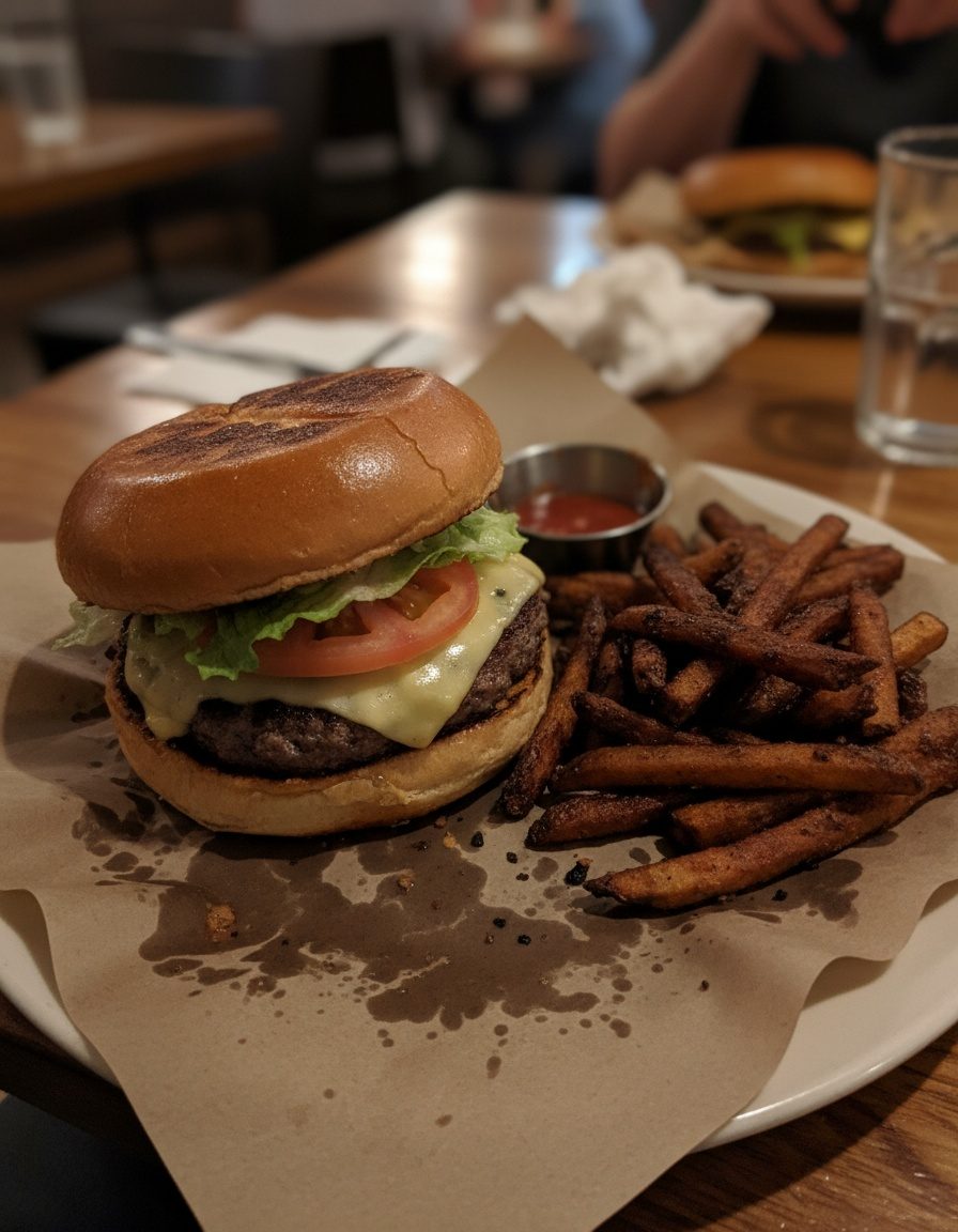 Hamburguesa fotografiada con el celular, con luz amarilla
